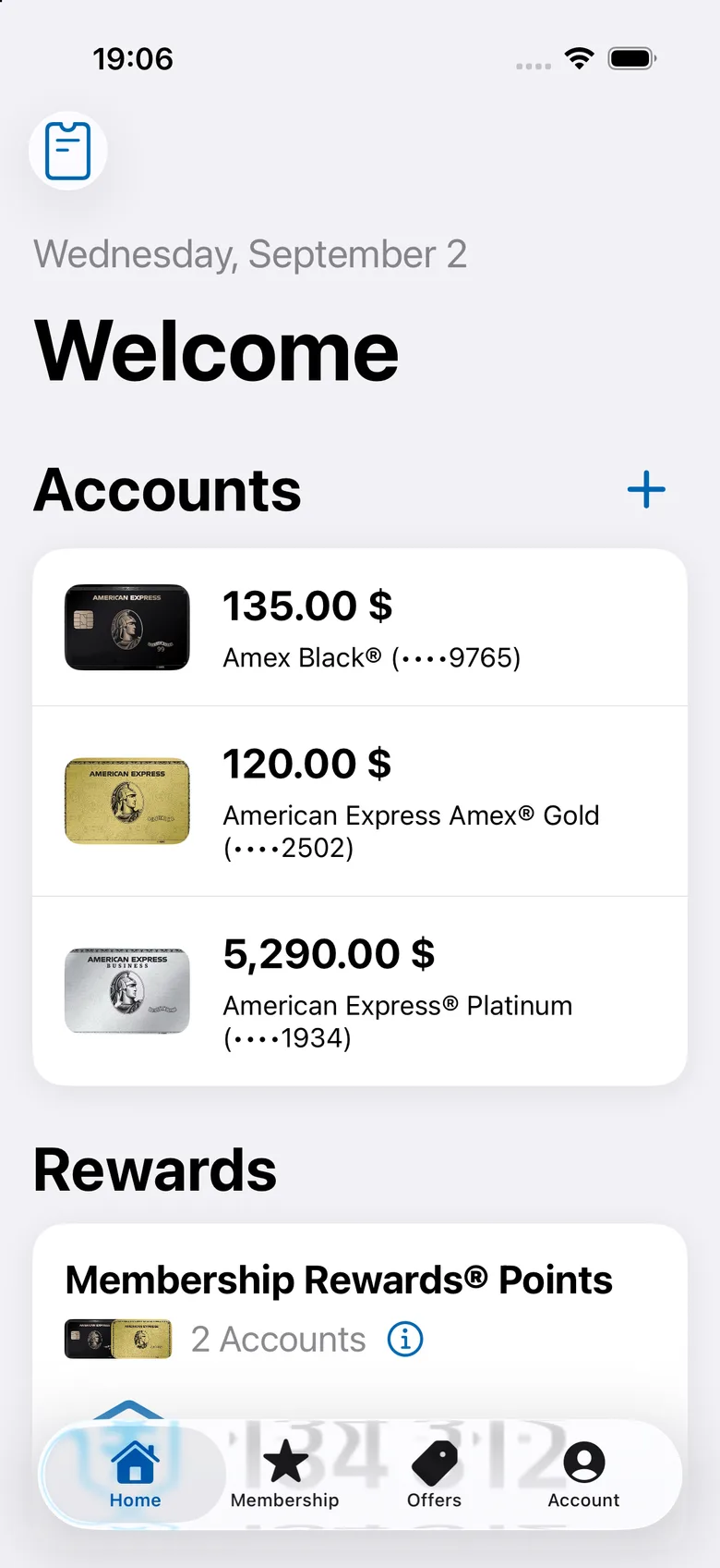 American Express entertainment-build preview 1: The preview lists Black, Gold and Platinum card account rows.