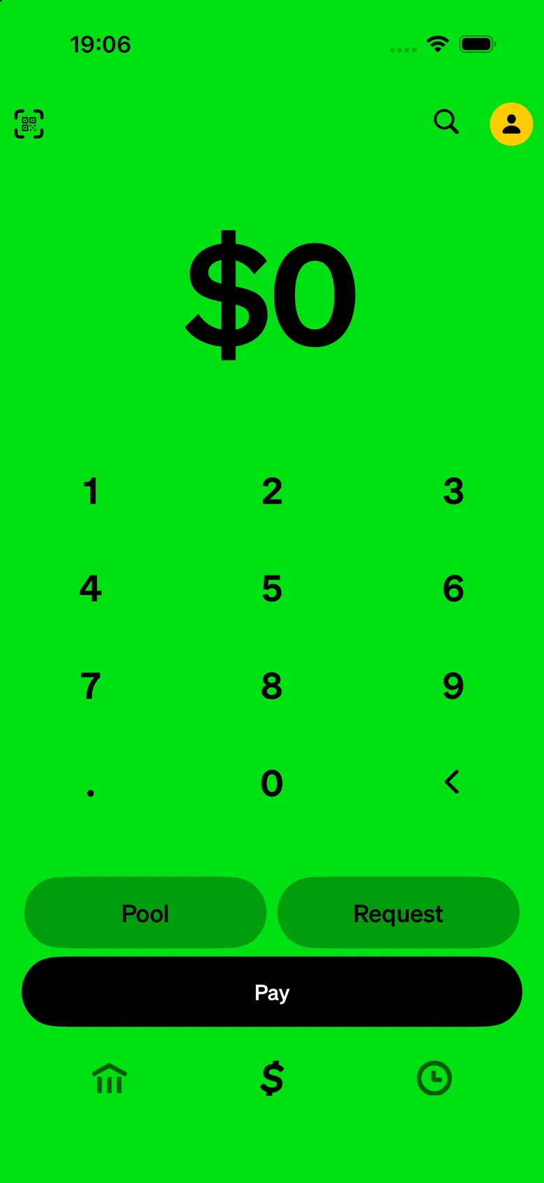 Cash App entertainment-build preview 1: Large amount display above a numeric keypad.
