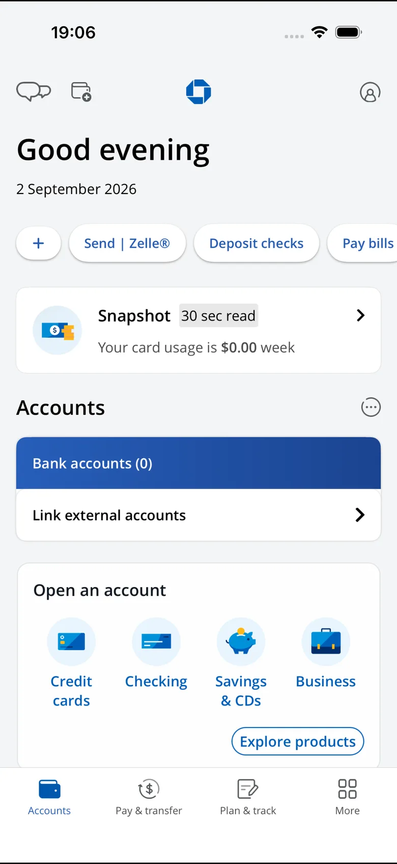 Chase entertainment-build preview 1: The preview shows an Accounts area with bank and external-account rows.