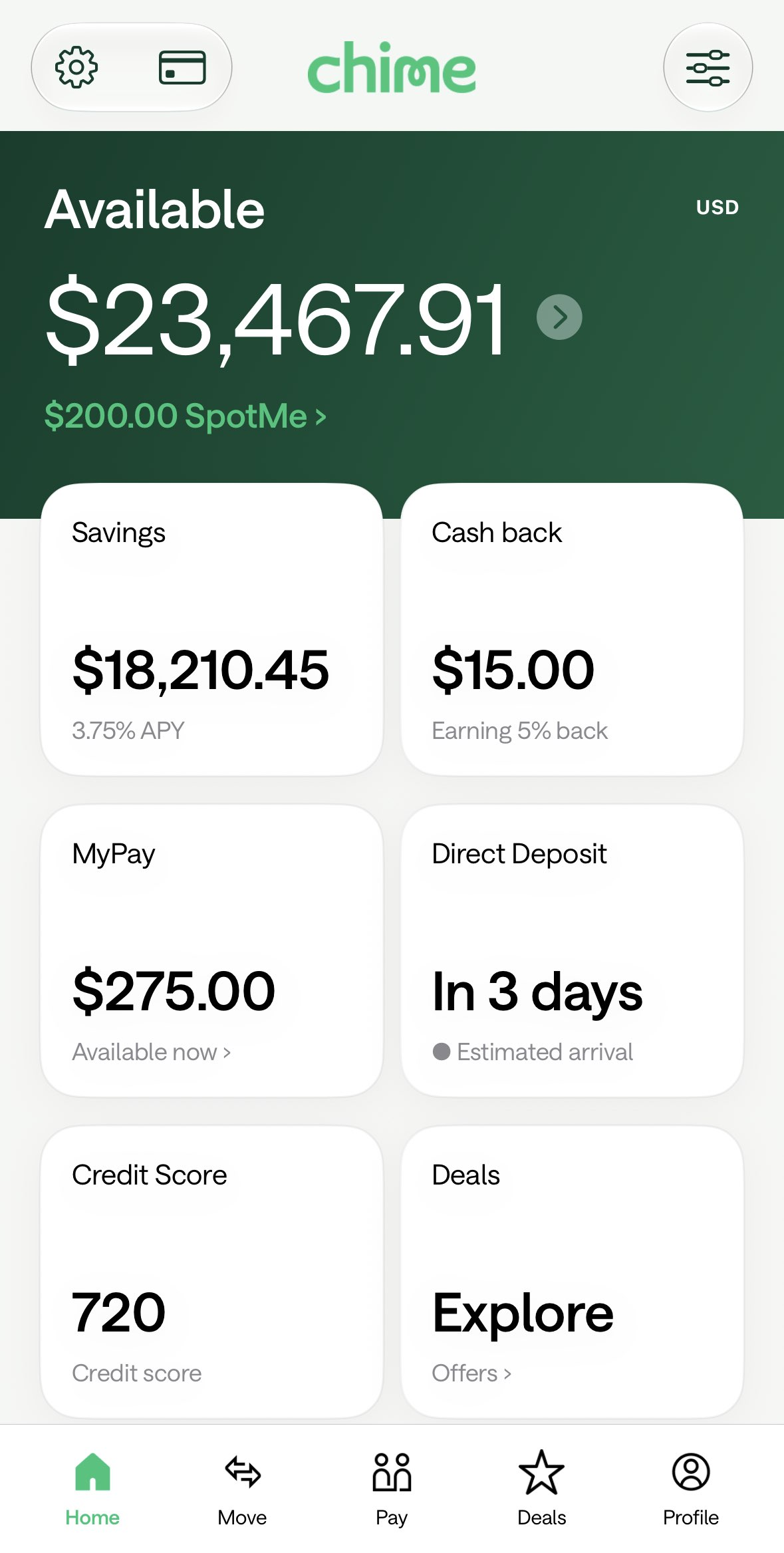 Chime entertainment-build preview 1: The supplied screenshot shows the available balance above Savings, Cash back, MyPay, Direct Deposit, Credit Score and Deals tiles.