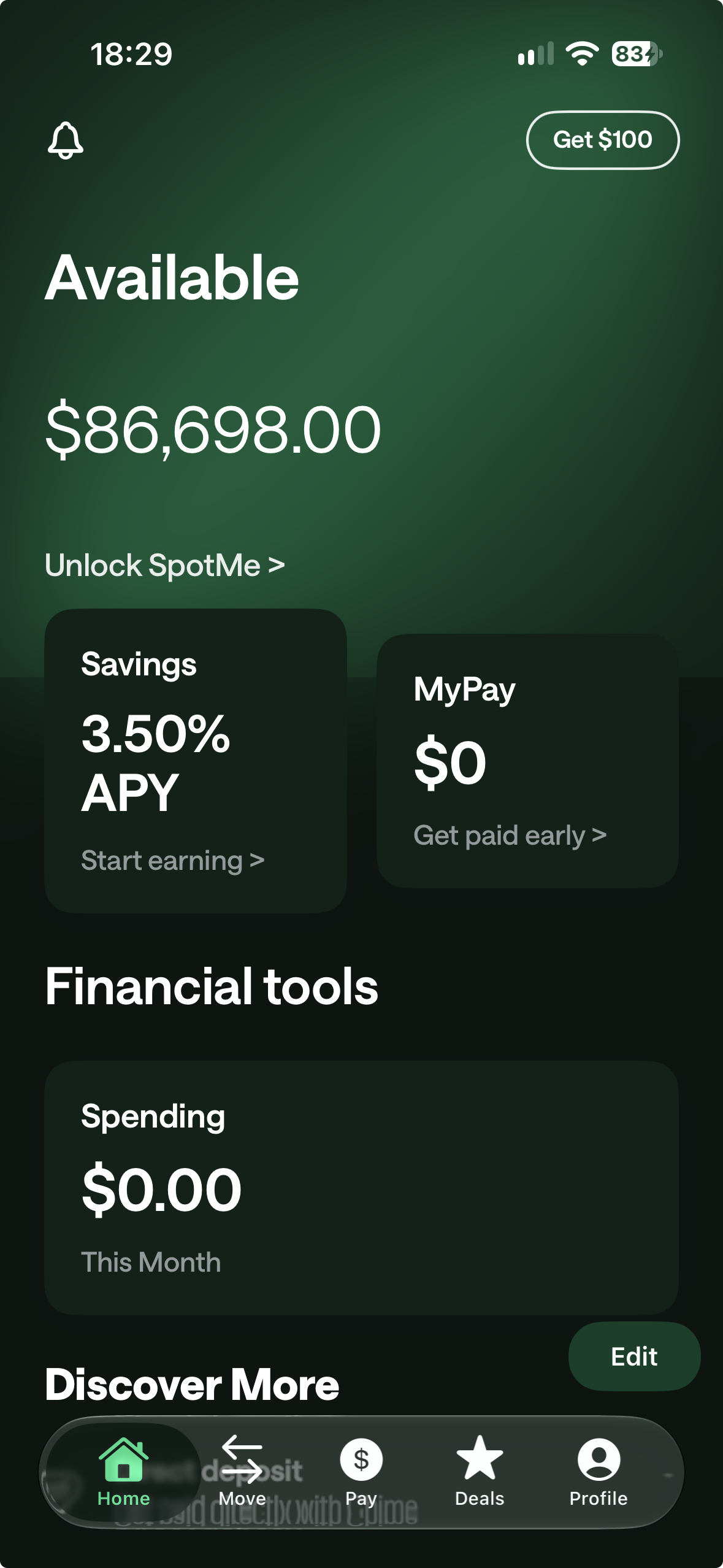 Chime v2 entertainment-build preview 1: The dark-mode preview shows Available, Savings, MyPay and Financial tools.