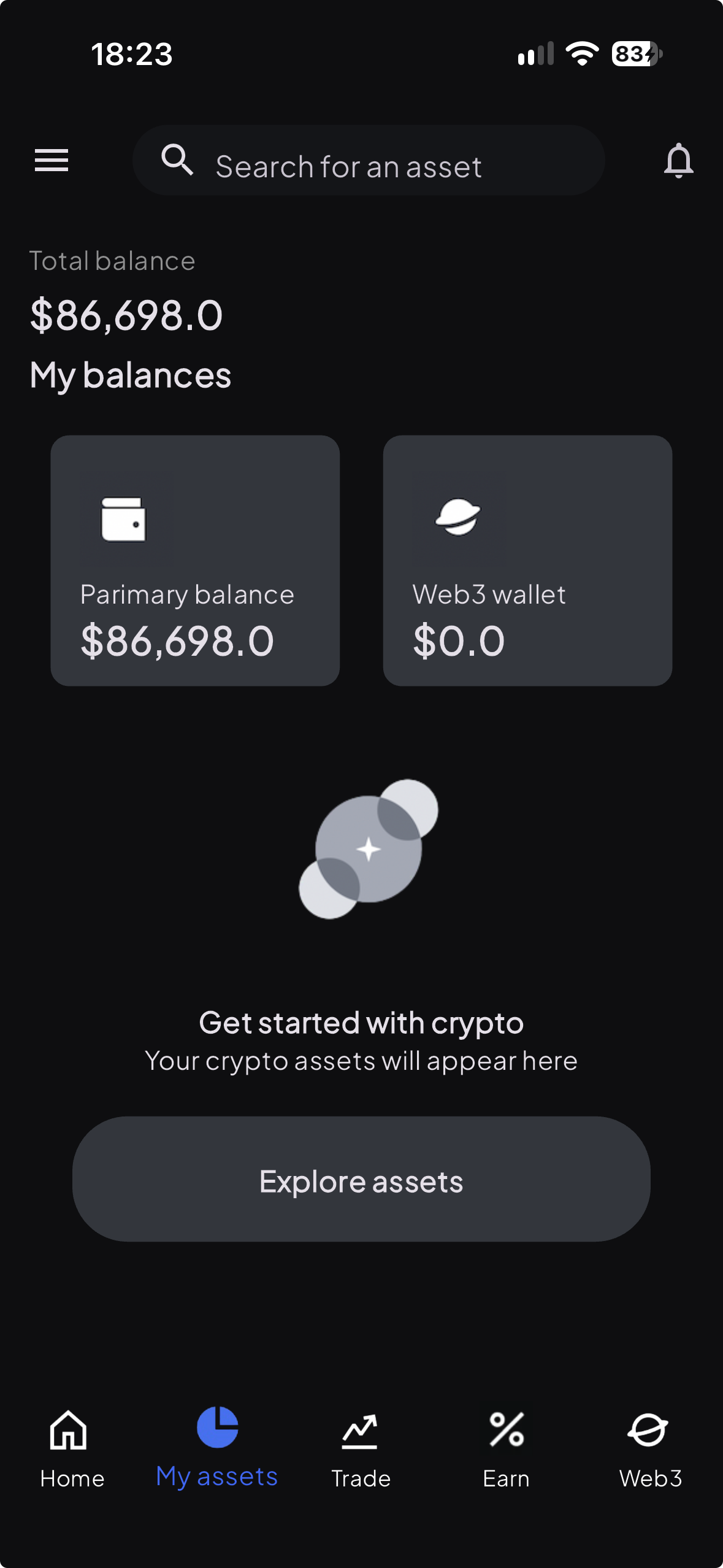 Coinbase entertainment-build preview 2: My assets shows a Total balance and Primary balance of $86,698.0, a Web3 wallet value of $0.0 and an Explore assets button.