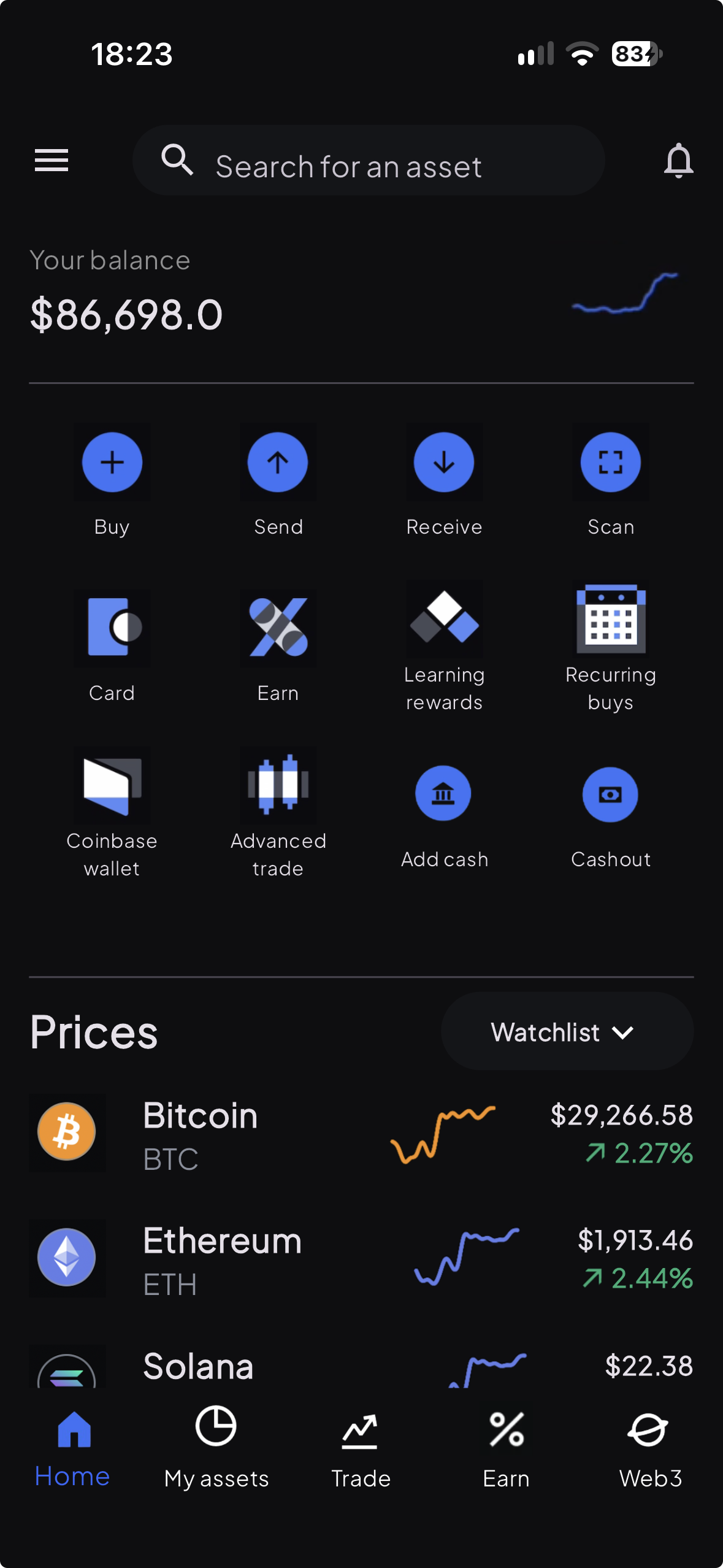 Coinbase entertainment-build preview 1: Home shows a balance, Buy, Send, Receive and Scan shortcuts, other action tiles and a Prices watchlist.