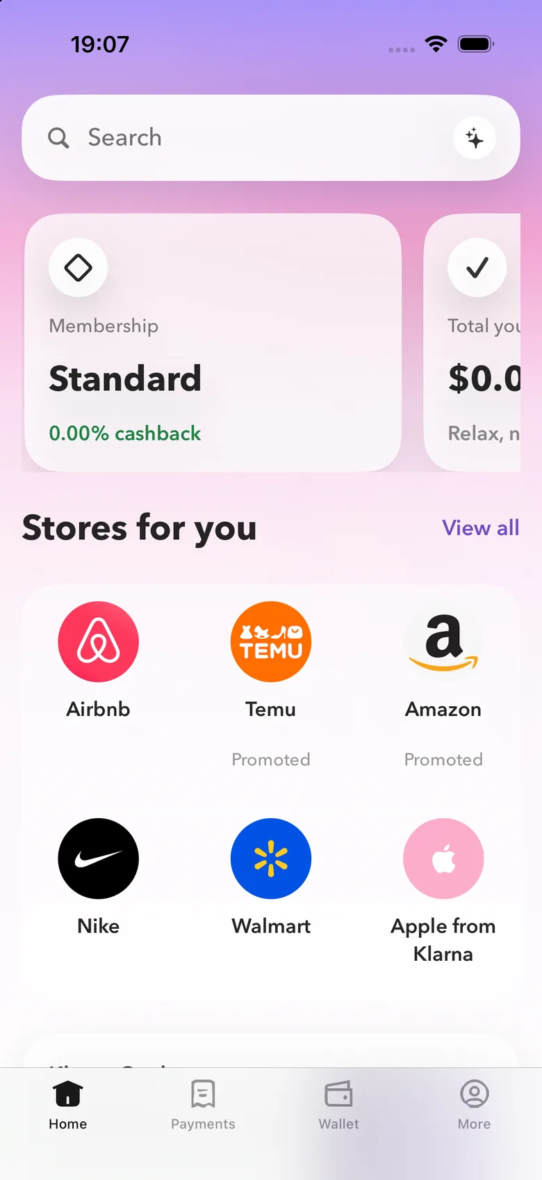 Klarna entertainment-build preview 1: A search field spans the top of the preview.