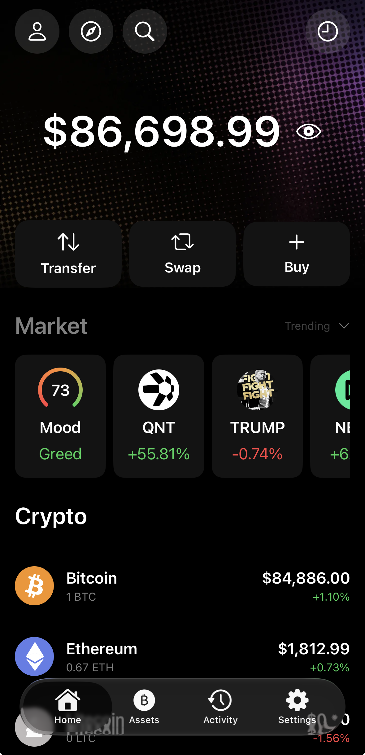 Ledger Wallet entertainment-build preview 1: The home screen shows a portfolio total, privacy toggle and Transfer, Swap and Buy controls.