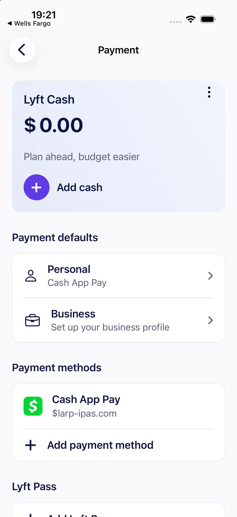 Lyft entertainment-build preview 1: A Lyft Cash panel appears above payment settings.