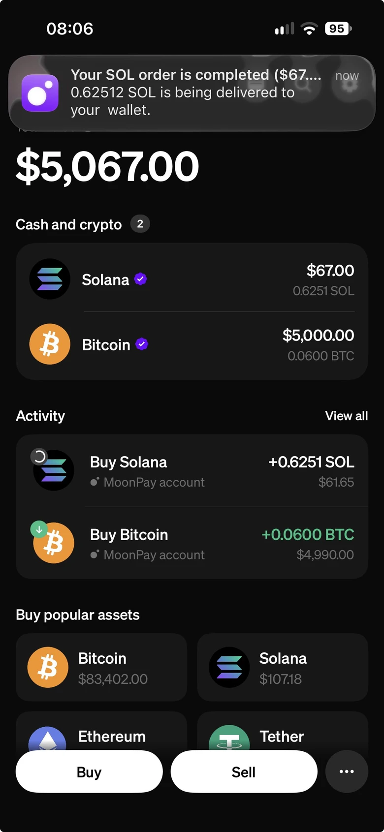MoonPay entertainment-build preview 1: The supplied screen reference shows a portfolio total and separate Solana and Bitcoin rows.
