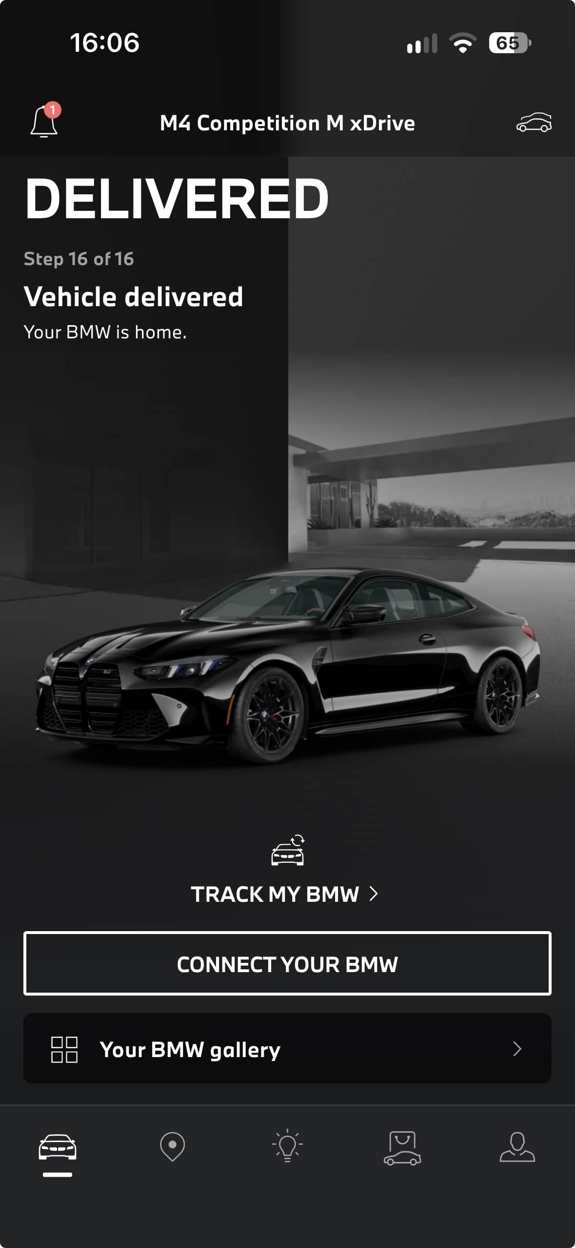 My BMW screen showing M4 Competition M xDrive, Delivered status, Track My BMW and Connect Your BMW