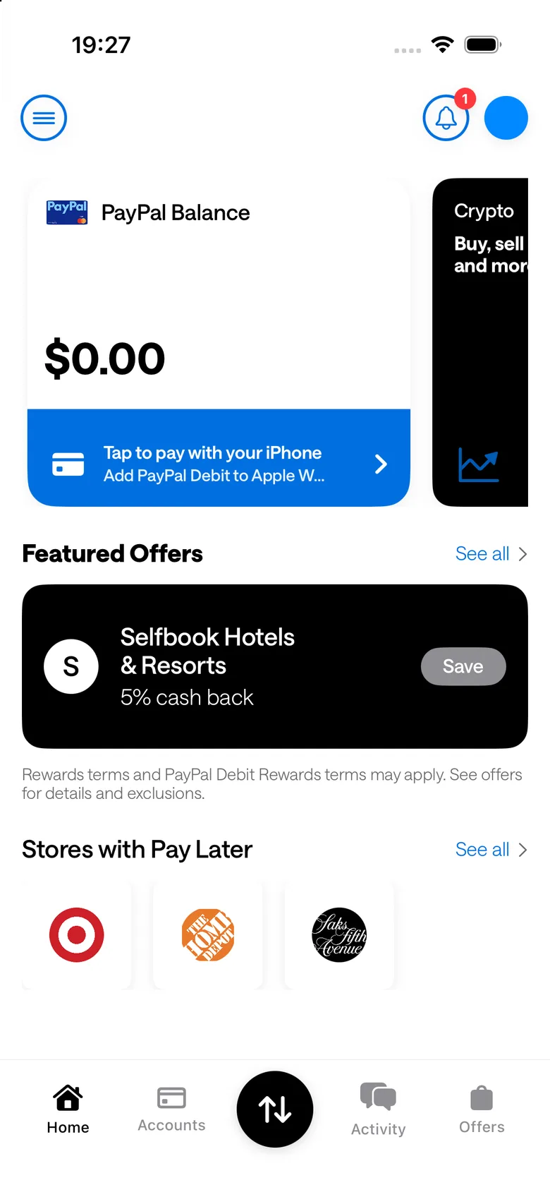 PayPal entertainment-build preview 1: A PayPal Balance panel appears at the top of the captured dashboard.