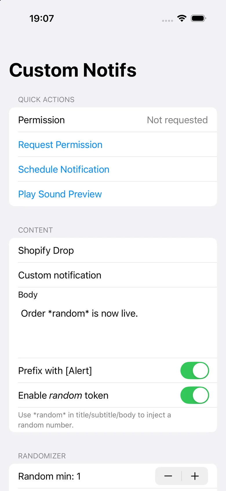 Shopify entertainment-build preview 1: The screen is headed Custom Notifs.