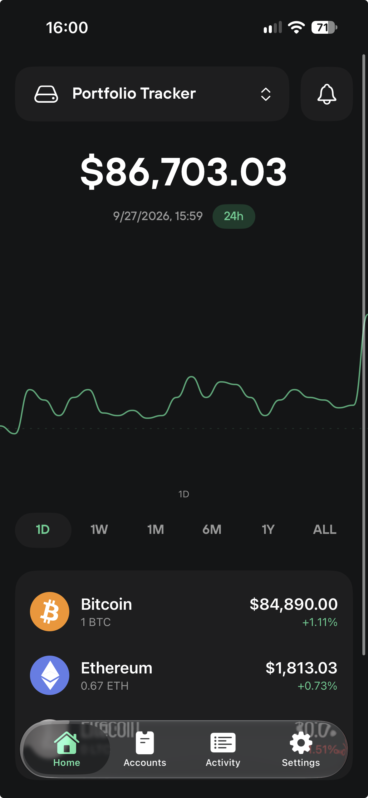 Trezor entertainment-build preview 1: The portfolio tracker shows a total, timestamp and selectable chart ranges.