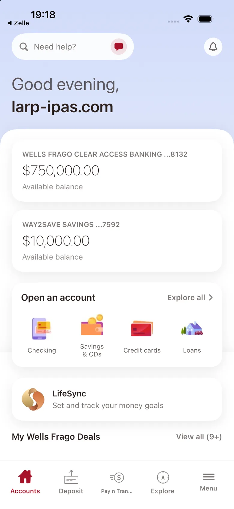 Wells Fargo entertainment-build preview 1: The preview shows separate checking and savings balance cards.